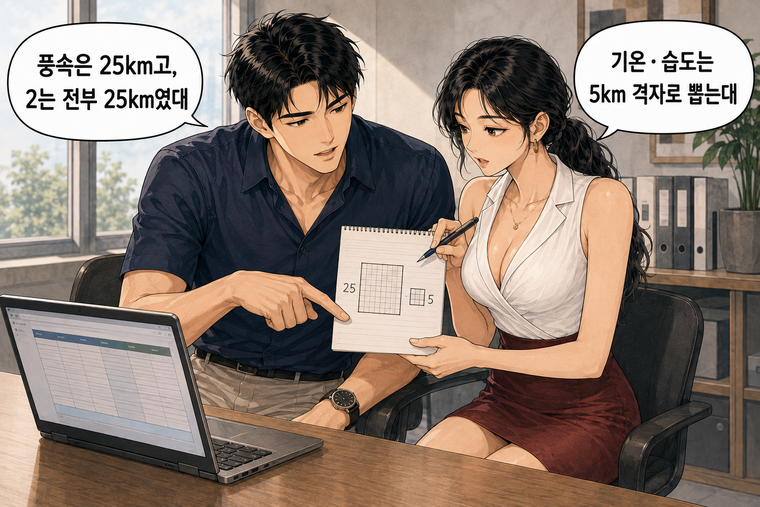 강태윤과 한서윤이 함께 등장하는 웹툰 4컷. 한서윤: 기온·습도는 5km 격자로 뽑는대 강태윤: 풍속은 25km고, 2는 전부 25km였대