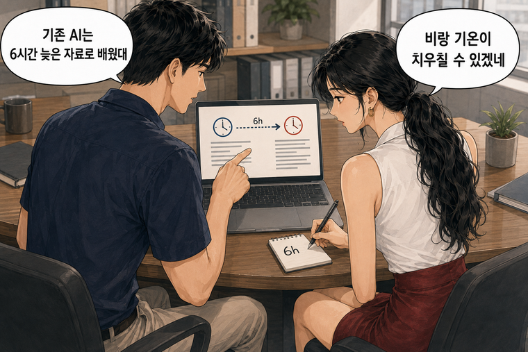 강태윤과 한서윤이 함께 등장하는 웹툰 5컷. 강태윤: 기존 AI는 6시간 늦은 자료로 배웠대 한서윤: 비랑 기온이 치우칠 수 있겠네
