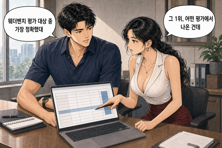 강태윤과 한서윤이 함께 등장하는 웹툰 6컷. 한서윤: 그 1위, 어떤 평가에서 나온 건데 강태윤: 웨더벤치 평가 대상 중 가장 정확했대