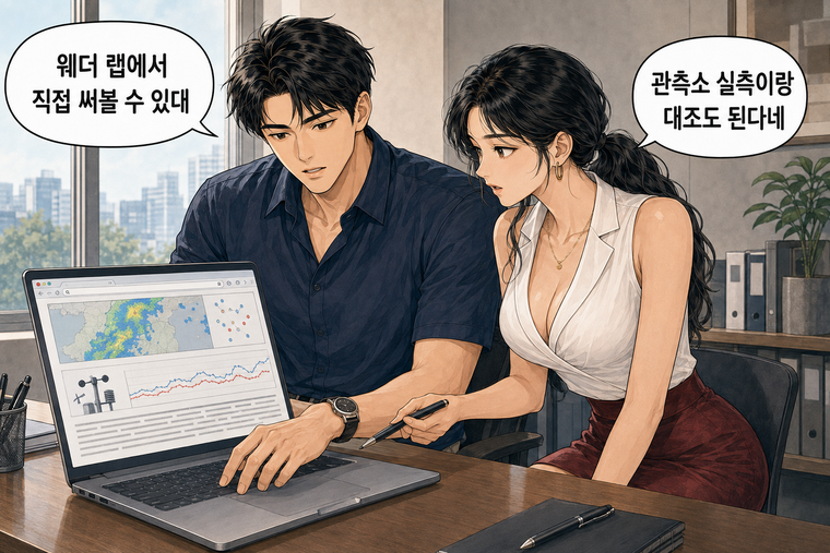 강태윤과 한서윤이 함께 등장하는 웹툰 7컷. 강태윤: 웨더 랩에서 직접 써볼 수 있대 한서윤: 관측소 실측이랑 대조도 된다네