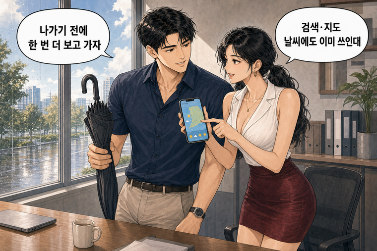 강태윤과 한서윤이 함께 등장하는 웹툰 8컷. 한서윤: 검색·지도 날씨에도 이미 쓰인대 강태윤: 나가기 전에 한 번 더 보고 가자