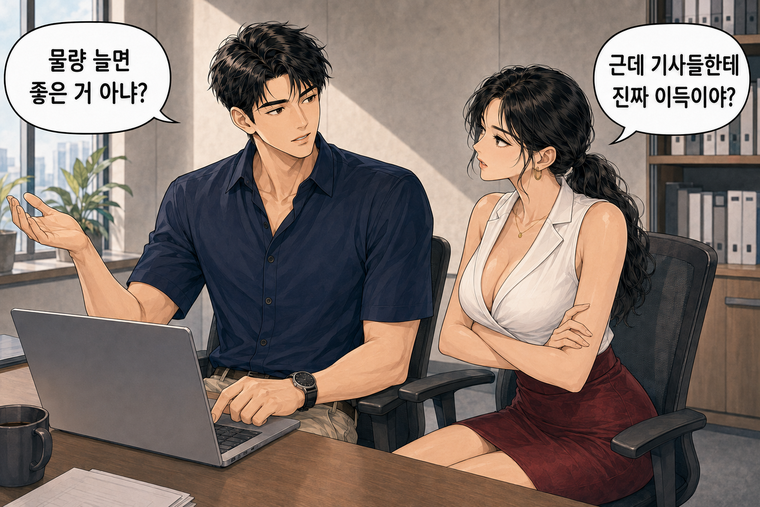 강태윤과 한서윤이 함께 등장하는 웹툰 2컷. 한서윤: 근데 기사들한테 진짜 이득이야? 강태윤: 물량 늘면 좋은 거 아냐?