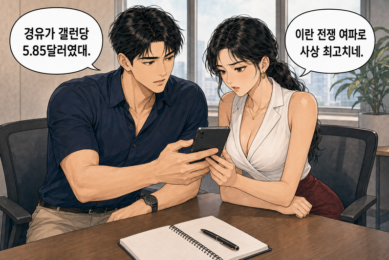 강태윤과 한서윤이 함께 등장하는 웹툰 3컷. 강태윤: 경유가 갤런당 5.85달러였대. 한서윤: 이란 전쟁 여파로 사상 최고치네.