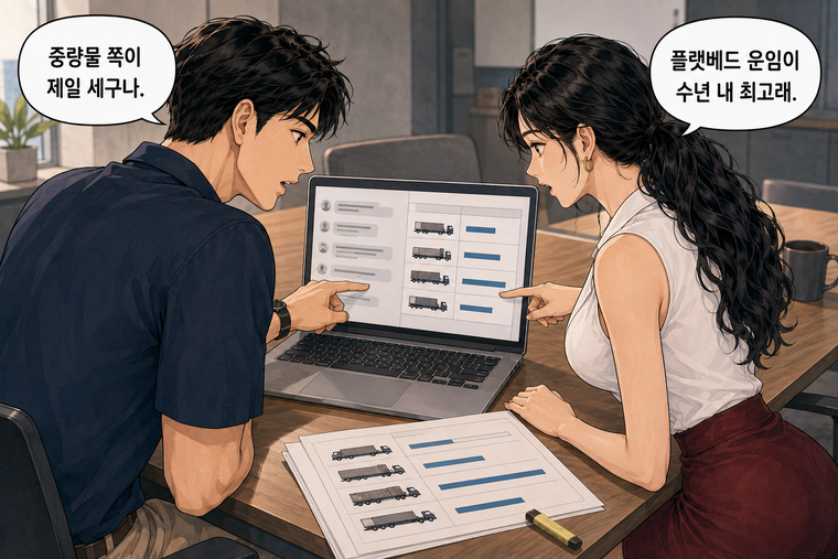 강태윤과 한서윤이 함께 등장하는 웹툰 4컷. 한서윤: 플랫베드 운임이 수년 내 최고래. 강태윤: 중량물 쪽이 제일 세구나.