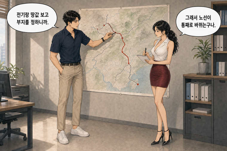 강태윤과 한서윤이 함께 등장하는 웹툰 5컷. 강태윤: 전기랑 땅값 보고 부지를 정하니까. 한서윤: 그래서 노선이 통째로 바뀌는구나.