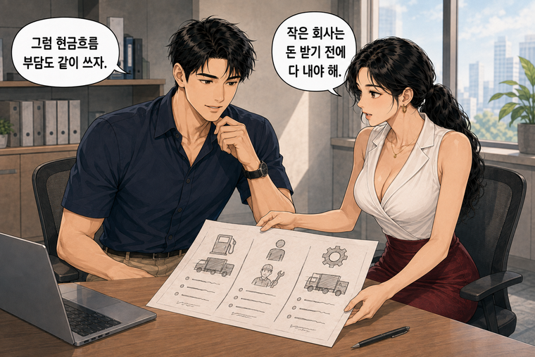 강태윤과 한서윤이 함께 등장하는 웹툰 6컷. 한서윤: 작은 회사는 돈 받기 전에 다 내야 해. 강태윤: 그럼 현금흐름 부담도 같이 쓰자.