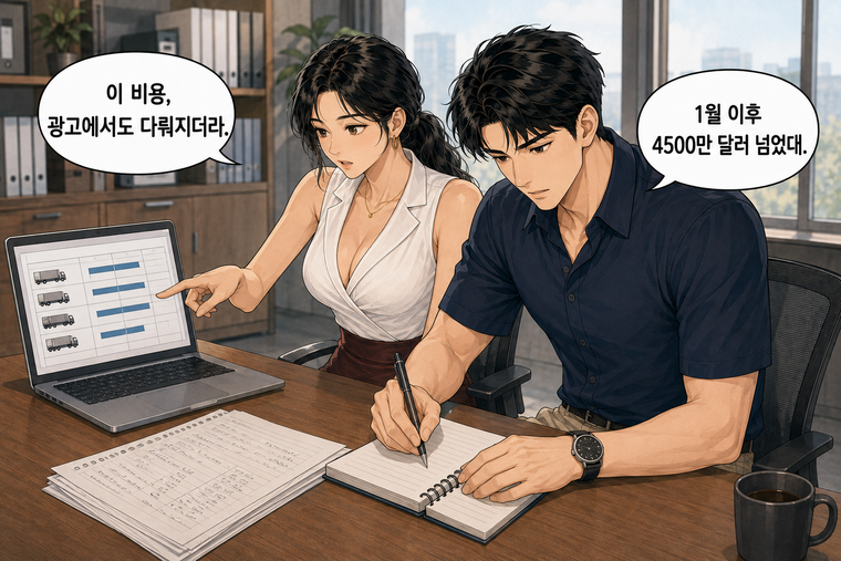 강태윤과 한서윤이 함께 등장하는 웹툰 7컷. 한서윤: 이 비용, 광고에서도 다뤄지더라. 강태윤: 1월 이후 4500만 달러 넘었대.