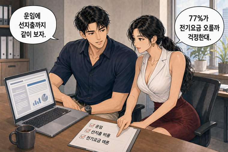 강태윤과 한서윤이 함께 등장하는 웹툰 8컷. 한서윤: 77%가 전기요금 오를까 걱정한대. 강태윤: 운임에 선지출까지 같이 보자.