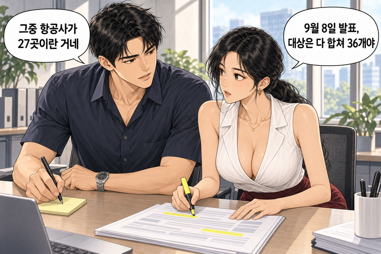 강태윤과 한서윤이 함께 등장하는 웹툰 2컷. 한서윤: 9월 8일 발표, 대상은 다 합쳐 36개야 강태윤: 그중 항공사가 27곳이란 거네