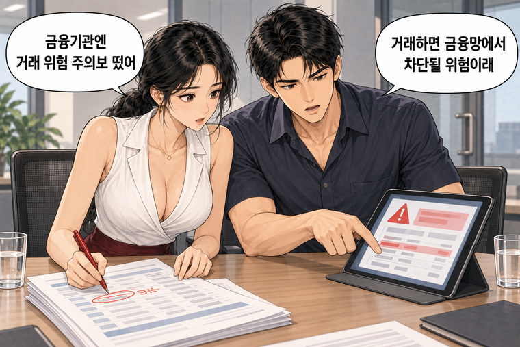 강태윤과 한서윤이 함께 등장하는 웹툰 3컷. 강태윤: 거래하면 금융망에서 차단될 위험이래 한서윤: 금융기관엔 거래 위험 주의보 떴어