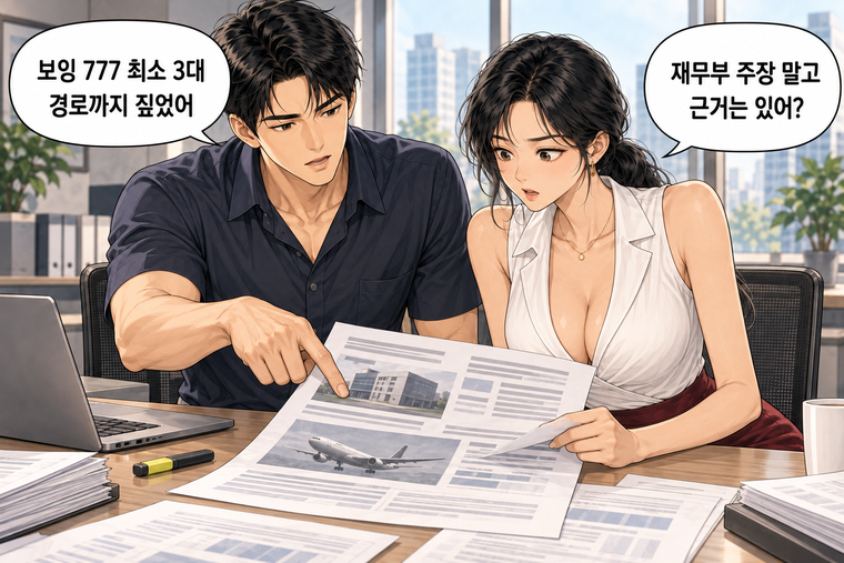 강태윤과 한서윤이 함께 등장하는 웹툰 4컷. 한서윤: 재무부 주장 말고 근거는 있어? 강태윤: 보잉 777 최소 3대 경로까지 짚었어