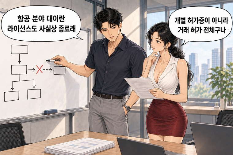 강태윤과 한서윤이 함께 등장하는 웹툰 5컷. 강태윤: 항공 분야 대이란 라이선스도 사실상 종료래 한서윤: 개별 허가증이 아니라 거래 허가 전체구나