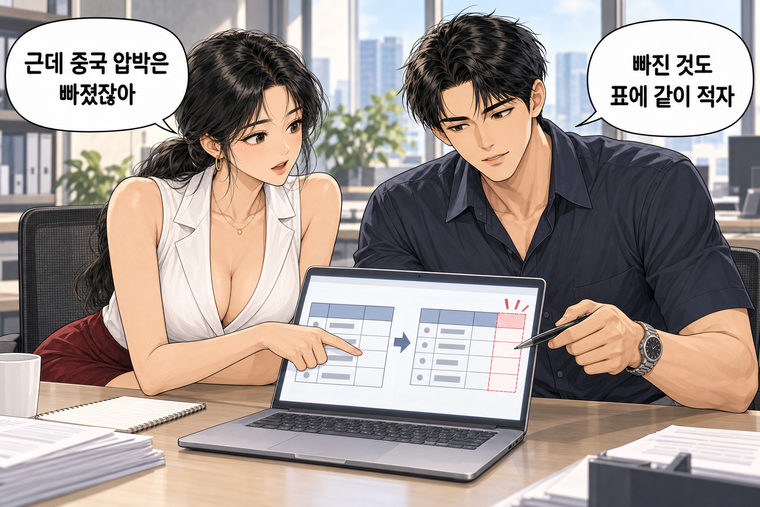 강태윤과 한서윤이 함께 등장하는 웹툰 6컷. 한서윤: 근데 중국 압박은 빠졌잖아 강태윤: 빠진 것도 표에 같이 적자