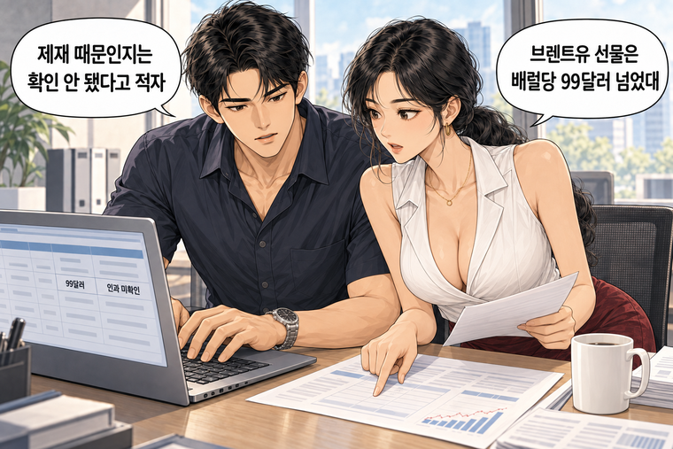 강태윤과 한서윤이 함께 등장하는 웹툰 7컷. 한서윤: 브렌트유 선물은 배럴당 99달러 넘었대 강태윤: 제재 때문인지는 확인 안 됐다고 적자