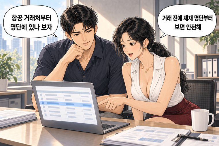 강태윤과 한서윤이 함께 등장하는 웹툰 8컷. 한서윤: 거래 전에 제재 명단부터 보면 안전해 강태윤: 항공 거래처부터 명단에 있나 보자