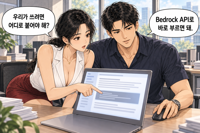 강태윤과 한서윤이 함께 등장하는 웹툰 2컷. 한서윤: 우리가 쓰려면 어디로 붙어야 해? 강태윤: Bedrock API로 바로 부르면 돼.
