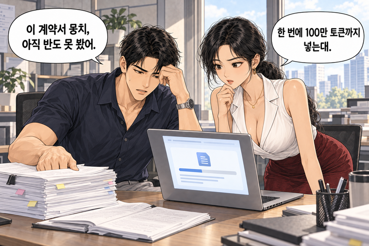 강태윤과 한서윤이 함께 등장하는 웹툰 3컷. 강태윤: 이 계약서 뭉치, 아직 반도 못 봤어. 한서윤: 한 번에 100만 토큰까지 넣는대.