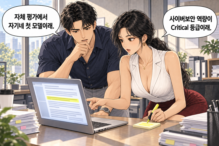강태윤과 한서윤이 함께 등장하는 웹툰 4컷. 한서윤: 사이버보안 역량이 Critical 등급이래. 강태윤: 자체 평가에서 자기네 첫 모델이래.