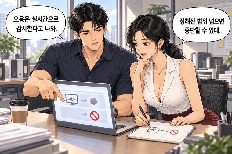 강태윤과 한서윤이 함께 등장하는 웹툰 5컷. 강태윤: 오용은 실시간으로 감시한다고 나와. 한서윤: 정해진 범위 넘으면 중단할 수 있대.