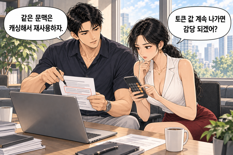 강태윤과 한서윤이 함께 등장하는 웹툰 6컷. 한서윤: 토큰 값 계속 나가면 감당 되겠어? 강태윤: 같은 문맥은 캐싱해서 재사용하자.
