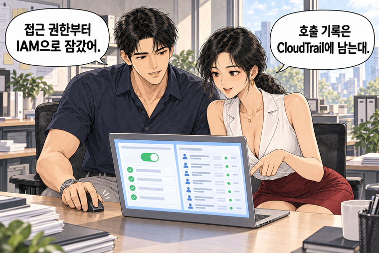 강태윤과 한서윤이 함께 등장하는 웹툰 7컷. 강태윤: 접근 권한부터 IAM으로 잠갔어. 한서윤: 호출 기록은 CloudTrail에 남는대.