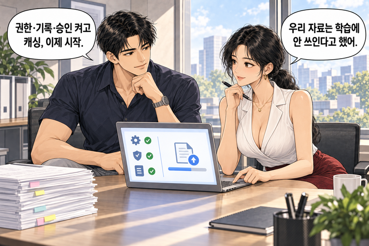 강태윤과 한서윤이 함께 등장하는 웹툰 8컷. 한서윤: 우리 자료는 학습에 안 쓰인다고 했어. 강태윤: 권한·기록·승인 켜고 캐싱, 이제 시작.