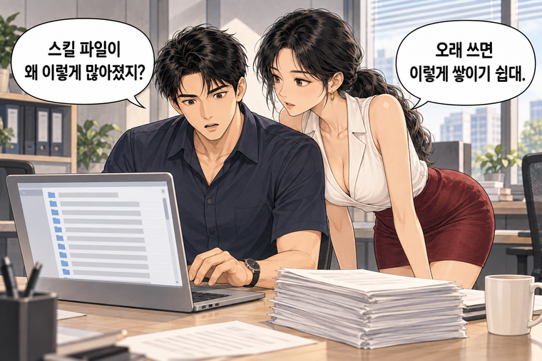 강태윤과 한서윤이 함께 등장하는 웹툰 1컷. 강태윤: 스킬 파일이 왜 이렇게 많아졌지? 한서윤: 오래 쓰면 이렇게 쌓이기 쉽대.