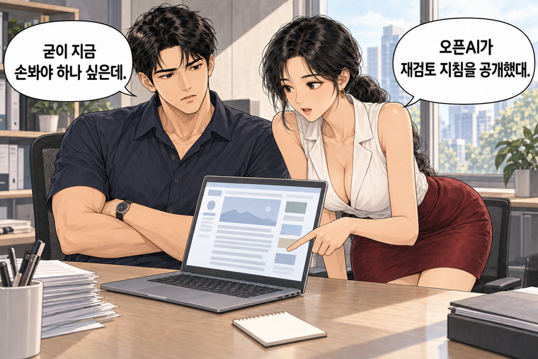 강태윤과 한서윤이 함께 등장하는 웹툰 2컷. 한서윤: 오픈AI가 재검토 지침을 공개했대. 강태윤: 굳이 지금 손봐야 하나 싶은데.