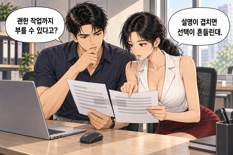강태윤과 한서윤이 함께 등장하는 웹툰 3컷. 한서윤: 설명이 겹치면 선택이 흔들린대. 강태윤: 괜한 작업까지 부를 수 있다고?