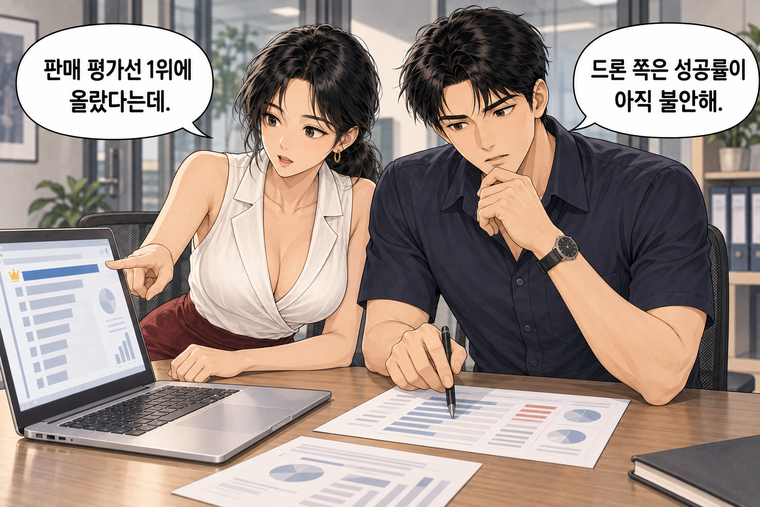 강태윤과 한서윤이 함께 등장하는 웹툰 4컷. 한서윤: 판매 평가선 1위에 올랐다는데. 강태윤: 드론 쪽은 성공률이 아직 불안해.