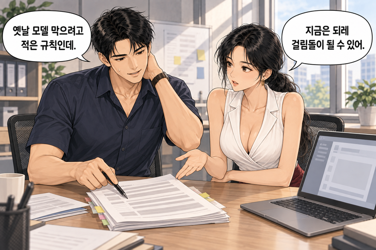 강태윤과 한서윤이 함께 등장하는 웹툰 5컷. 강태윤: 옛날 모델 막으려고 적은 규칙인데. 한서윤: 지금은 되레 걸림돌이 될 수 있어.