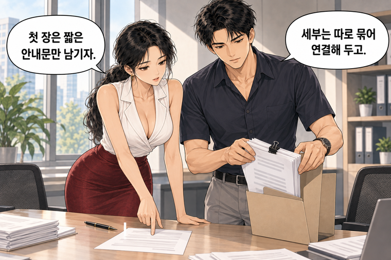 강태윤과 한서윤이 함께 등장하는 웹툰 6컷. 한서윤: 첫 장은 짧은 안내문만 남기자. 강태윤: 세부는 따로 묶어 연결해 두고.