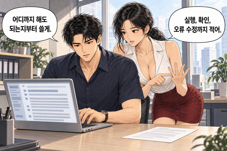 강태윤과 한서윤이 함께 등장하는 웹툰 7컷. 강태윤: 어디까지 해도 되는지부터 쓸게. 한서윤: 실행, 확인, 오류 수정까지 적어.