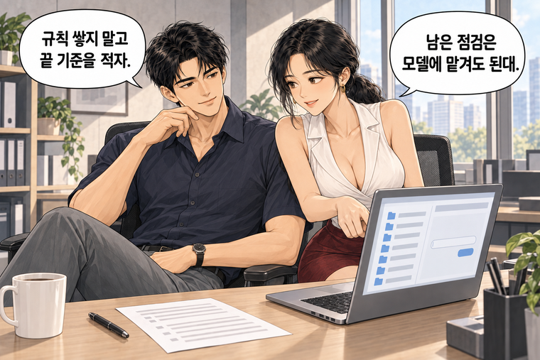 강태윤과 한서윤이 함께 등장하는 웹툰 8컷. 한서윤: 남은 점검은 모델에 맡겨도 된대. 강태윤: 규칙 쌓지 말고 끝 기준을 적자.